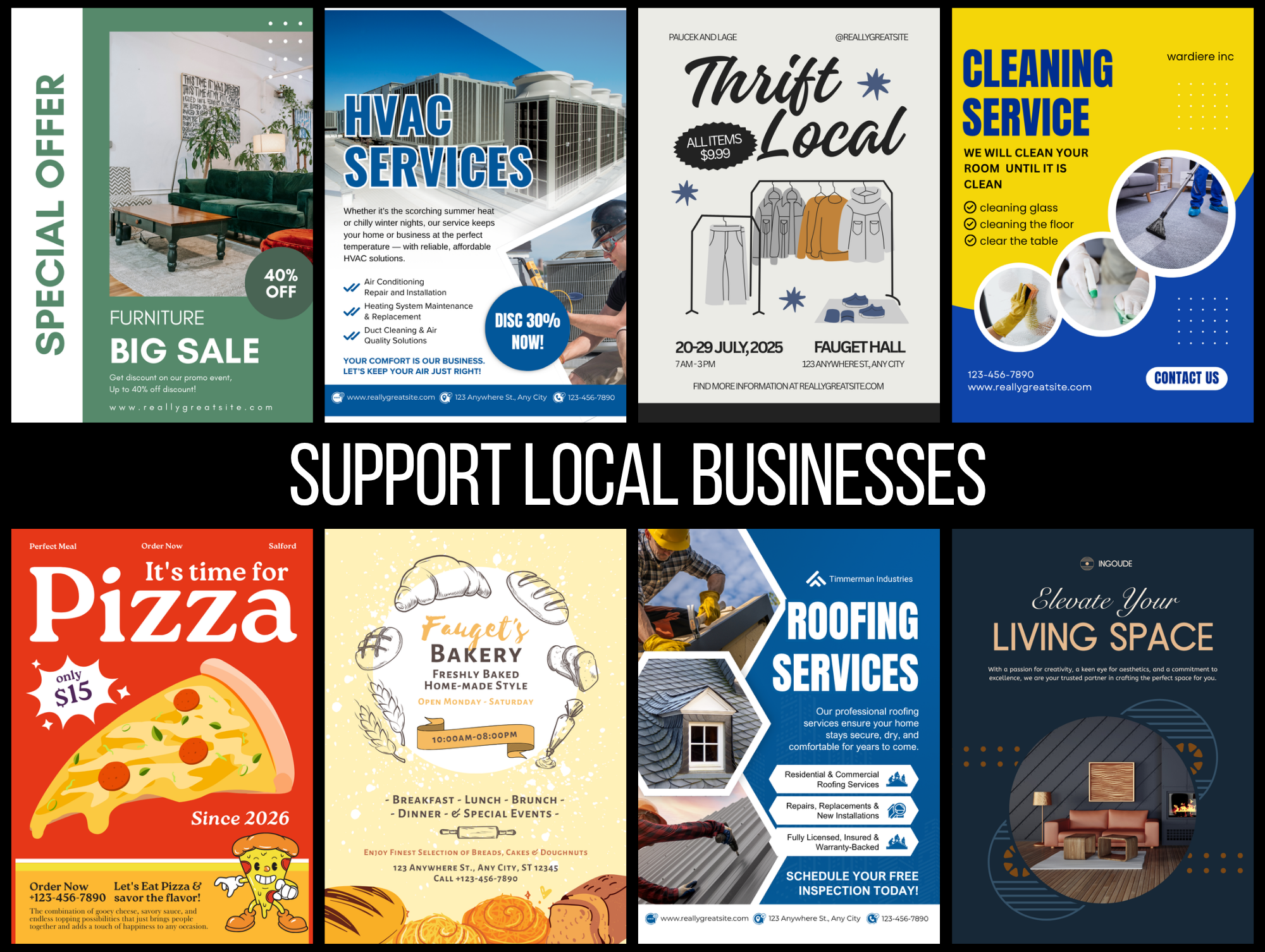 Example postcard back — Support Local Businesses showing eight local business adverts